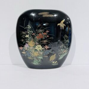 Vintage Japanese Black Porcelain Oval Vase W Gold Trim Floral Design 8.5" Tall‎
